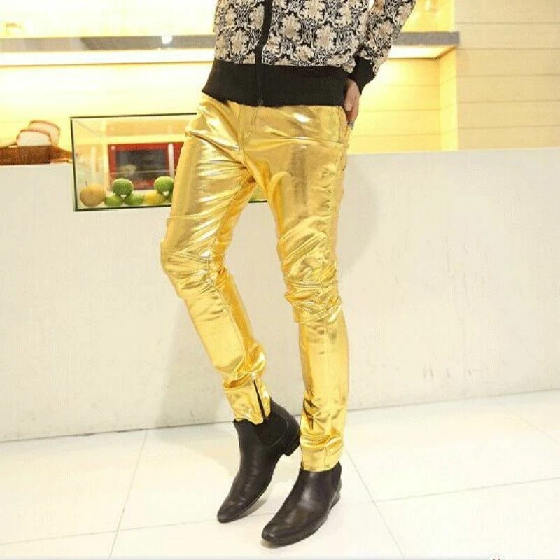 Pantalones de PU para Hombres Metálicos Imitación Cuero Escenario Elegante Baile DS Bling Aspecto Húmedo Largos Foto 3 de 4