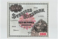 SWEDEN 100 Kronor 1958, P-45d, L,433634, EF Grade, Pretty Banknote.  A7