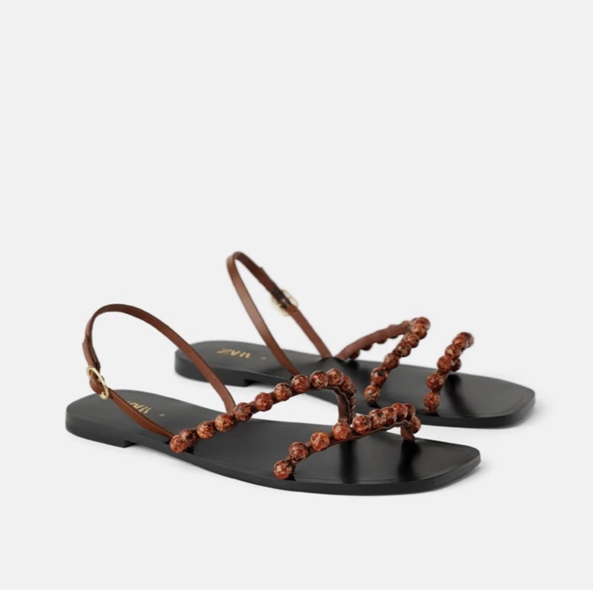 NWT Zara Flat Leather Beaded Sandals Size 36 6 eBay