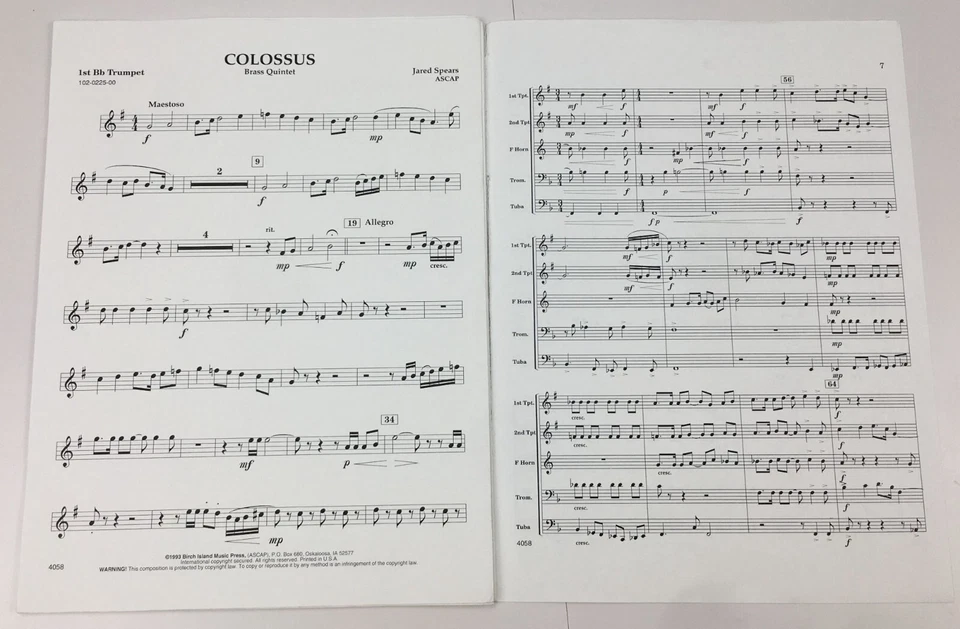 Colossus Brass Quintet Trumpet Trombone Horn Tuba Sheet Music By Jared Spears - Image 4 of 4
