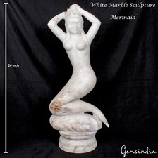 26" Large Mermaid Sitting on Rock Statue Sculpture Figurine White Marble 20 kilo