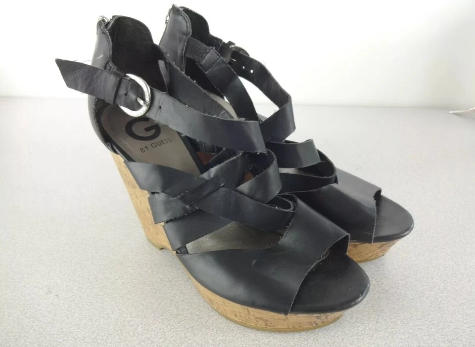 G by Guess Passage Strappy Cork Wedge Sandal Platform Heel Shoe Black Size 8.5 - Image 2 of 4
