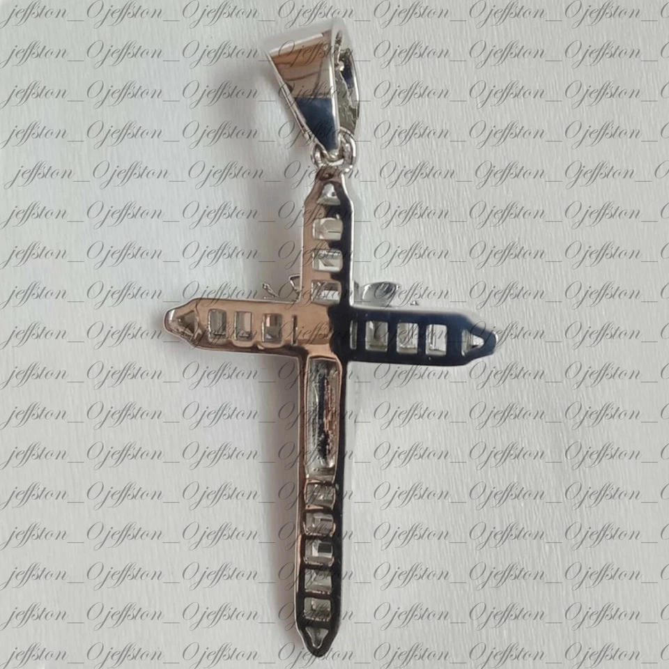 0.80 ct Baguette Moissanite 14K White Gold Plated Jesus Religious Cross Pendant - Image 3 of 4