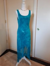 Maxi Dress Aqua & White Fringed Tie Dye Soft 97% Rayon & 3% Spandex. Hi Lo Sz M