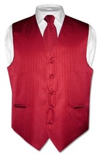 Men's Dress Vest  NeckTie RED Color Vertical Striped Design Neck Tie Set