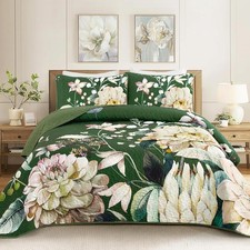3-Piece Queen Size Floral Green Bedspread Set - Soft Botanical Quilt