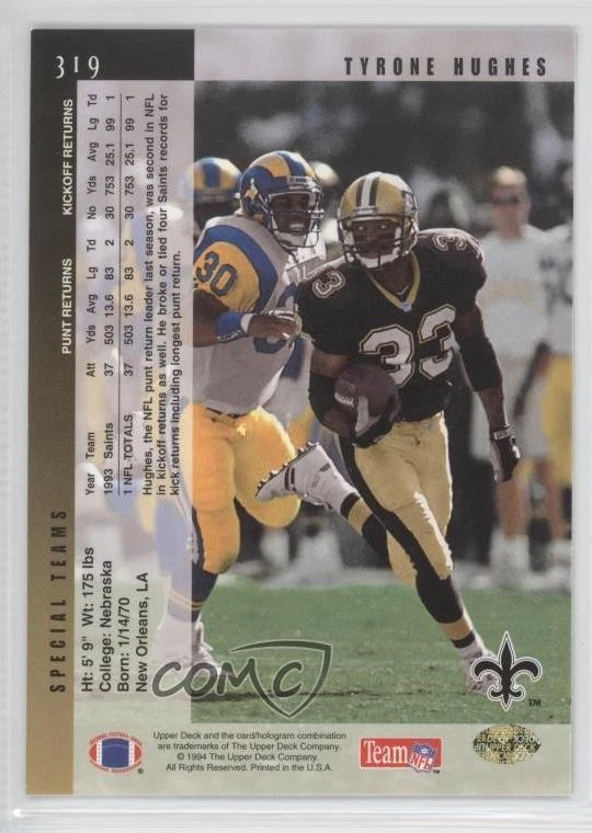 1994 Upper Deck Tyrone Hughes #319 - Image 2 of 2