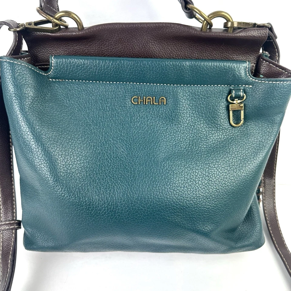 Chala Convertible Satchel Crossbody Grren Blue Faux Leather Handbag No Charm - Image 3 of 4