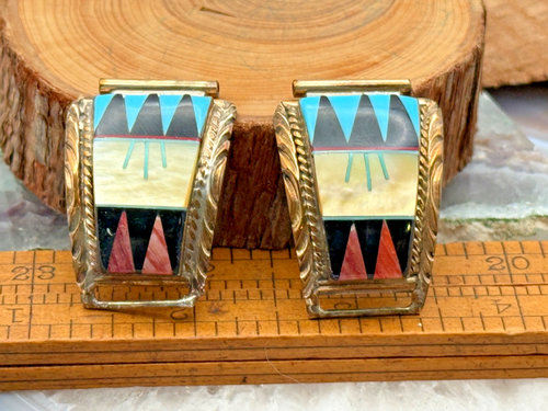 Vintage Charles Willie Navajo Sterling Multi Stone Inlay Watch Tips--TB152.25
