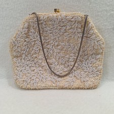 VTG La Regale White Beaded Sequined Evening Bag Purse Kiss Lock Floral Elegant