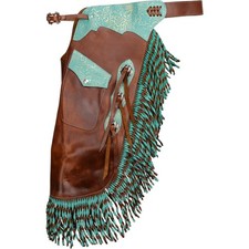 Teal Rose Leather Chinks Floral Tooled Teal Accents Twisted Fringe - Chaps NEW