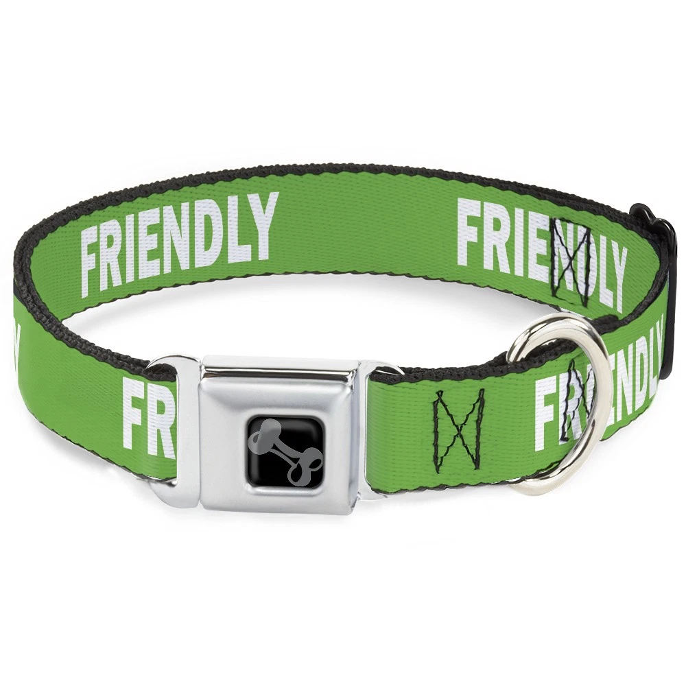 Dog Collar Bone Pet Quote FRIENDLY Green/White Small 9.5-13"