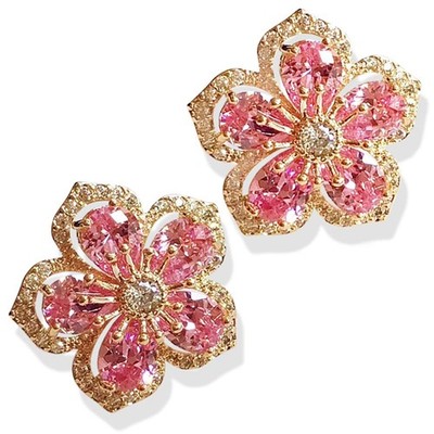 Handmade Chic Boho Pink Rhinestone Flower Statement Stud Earrings with Gold Flow