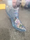 Vintage Fenton Iridescent Blue Glass Slipper w/ Hand Painted Iris Design