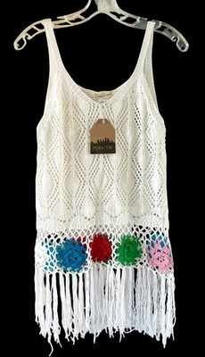 NEW Main Strip Women s Crochet Fringe Top Multicolor Floral Accents S/M Festival