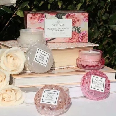 Voluspa Roses Macaron Candle Trio boxed set of 3, NEW