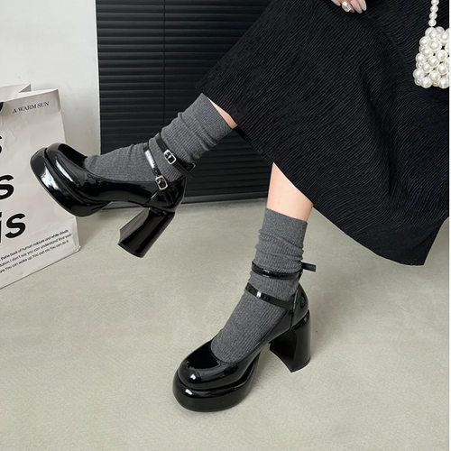 Scarpe donna moda plateau Mary Jane doppia fibbia tacco spesso decolte tacco alto - Foto 6 di 19