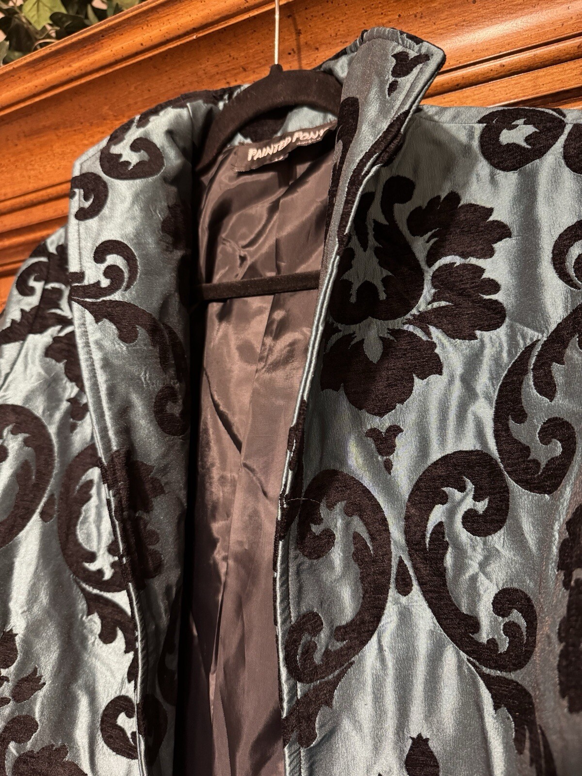 Blazer pony dipinto donna M blu ricamato vintage giacca aperto davanti made USA EUC