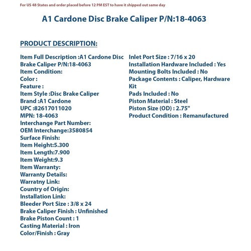 Cardone Reman Disc Brake Caliper 18-4063 | High-Quality Auto Part, Universal Fit - Picture 9 of 10