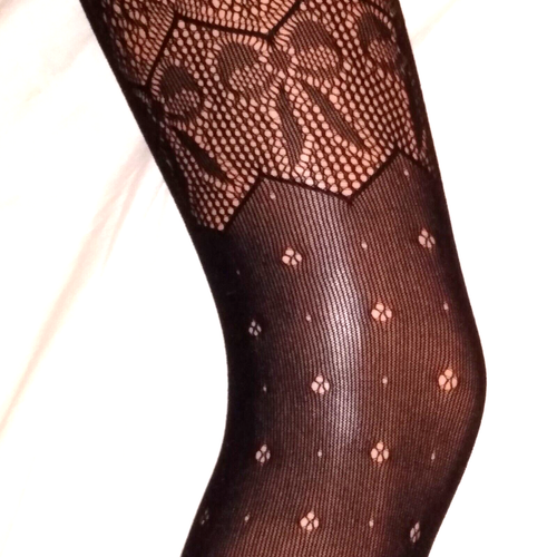 Bow Lace Tights. ladies 8-14 Black Semi Opaque.  Thigh pattern, good quality - Picture 1 of 5