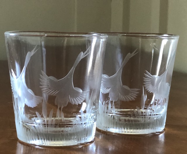 Antique Set of 2 Federal Etched Game Goose Old Fashioned Rock Glasses