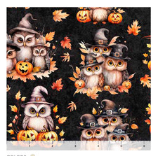 OWLS ON CHARCOAL BY QUILTING TREASURES HALLOWEEN FABRIC HALF YD