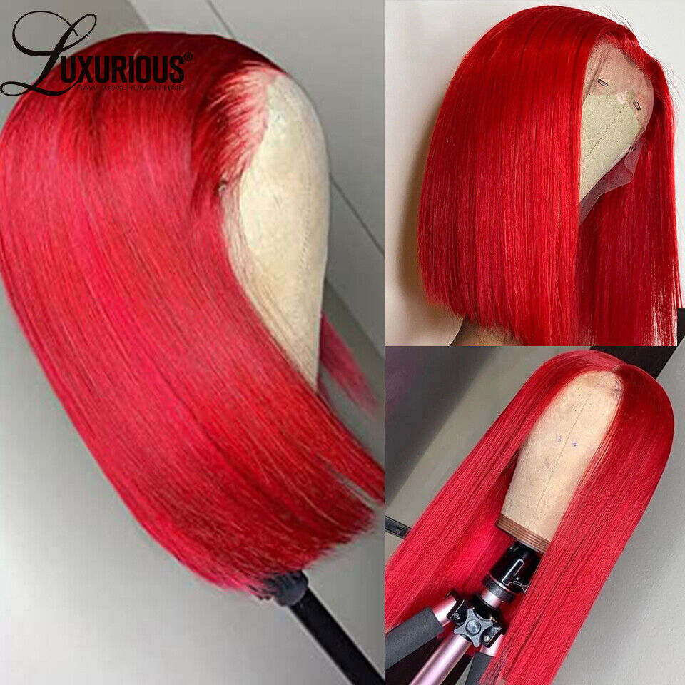 Red Lace Front Human Hair Wig Transparent Straight Bob Wig  display picture 2