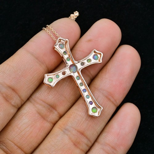 Natural Fire Opal Cut Holy Cross Pendant 925 Sterling Silver October Birthstone - Picture 4 of 4