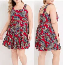 Red Floral Ruffle Dress Womens 1X  Lattice Back Lined  NWT Maurices