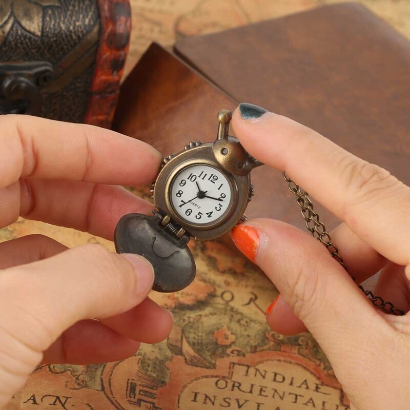 Bronze Ladybug Pattern Quartz Pocket Watch with Necklace Chain Watches Kid Gifts