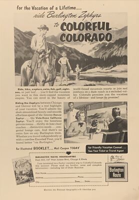 1956 Burlington Route Zephyr Train Eisenbahn bunt Colorado Vintage 1950er DRUCKANZEIGE