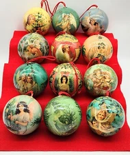 Vintage Christmas Twelve Glorious Angels Paper Mache Hanging Tree Ornaments 1995