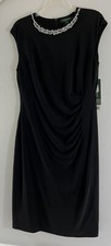 Lauren Ralph Lauren Solid Black Dress Poly Blend Stretch Crystal Neckline Sz 12