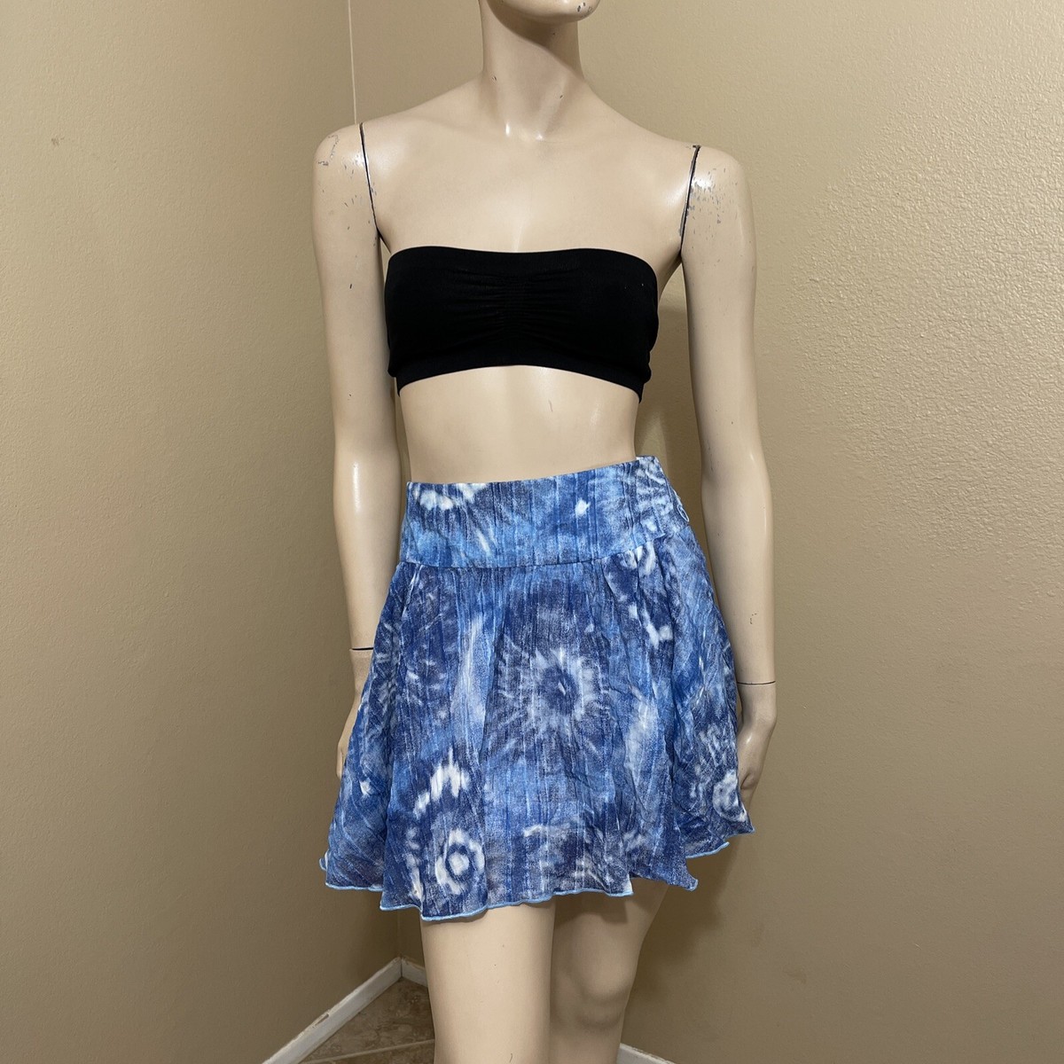 Women's Blue Cotton Casual Summer Lined Sheer Pleated Zipper Mini
