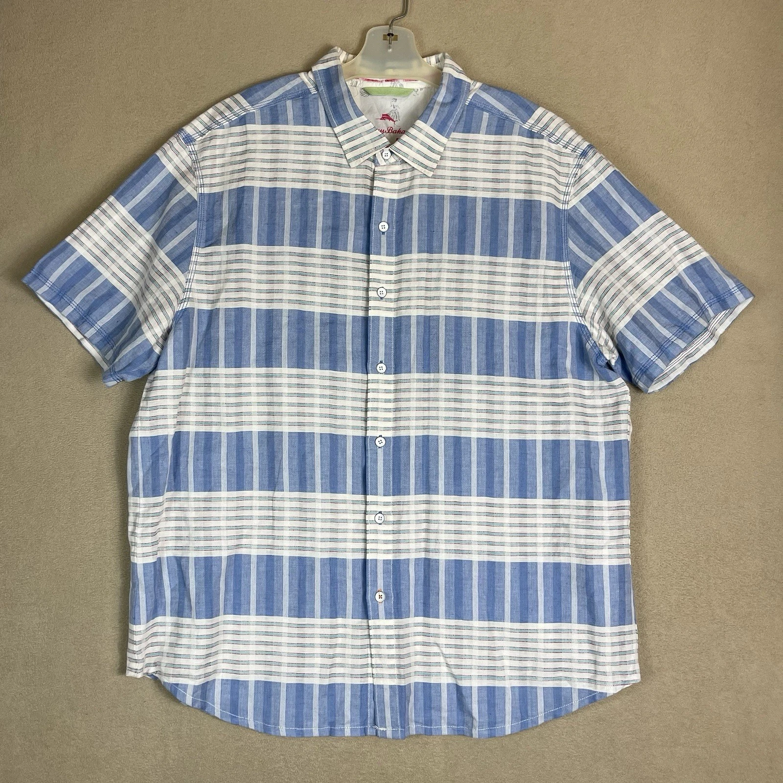Tommy Bahama Shirt Mens XL Blue Striped Relax Linen Bland Short Sleeve Button Up