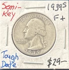 1939-S Washington Quarter  90% Silver  Semi-Key  Date Looks F+