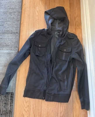 Elixir Men s Medium Gray Herringbone Zip Up Hoodie Jacket Fleece Lined Full Zip