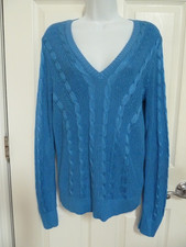 Lauren Ralph Lauren Blue V-Neck Cable Knit Sweater Fisherman Preppy Sz M 8/10