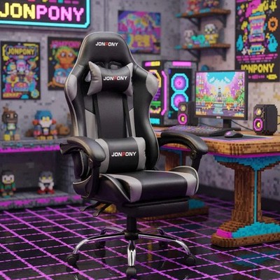 JONPONY Big & Tall Gaming Chair | PU Leather | Footrest | Lumbar Support | Black