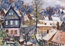 DDR Kunst - Ingeborg M.-Grabowski Winterliche Dorfansicht Erzgebirge/Ostsachsen
