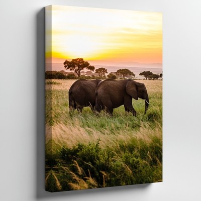 Wall Art Serene Sunset Scene In A Vast Savanna, Featuring Two Elephants Grazing