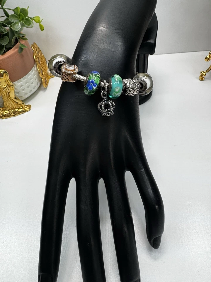 Auténtica pulsera Pandora 925 ALE de plata de ley con 7 dijes originales Foto 2 de 4