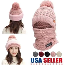 Women Winter Beanie Pom Hat Knit Scarf Set Bobble Thermal Warm Snow Ski Cap Hat