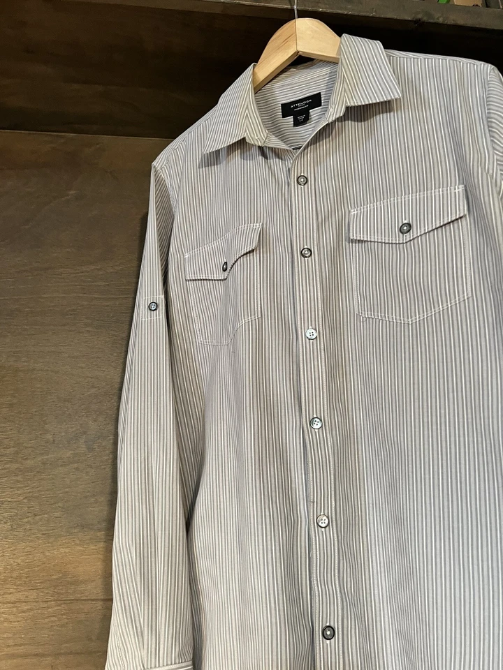 CAMISA ABOTONADA MANGA LARGA CALCE MODERNO ATENCIÓN HOMBRE TALLA GRANDE GRIS BLANCO Foto 2 de 4
