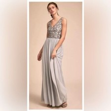 BHLDN || Anthropologie Mischa Dress Beaded Formal Bridesmaid Gray Silver 4 NWT