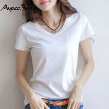 Women Cotton T Shirt -V Neck Short Sleeve Solid Summer T Shirts Solid Casual Top
