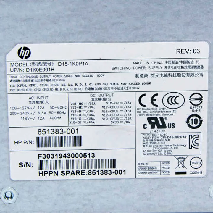 HP 851383-001 Z4 Z6 1000w Power Supply D15-1k0p1a for sale