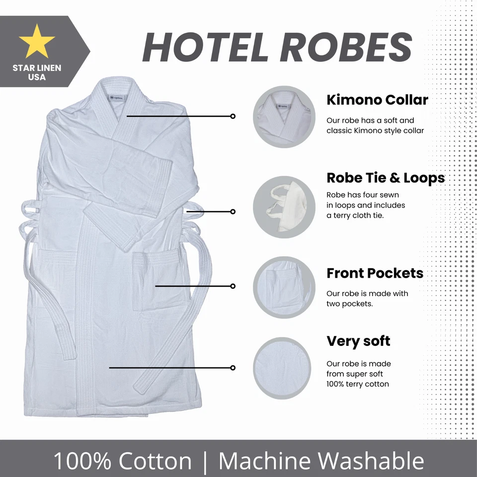 100% Cotton Terry Cloth Bathrobe Unisex | 48x63 Plush Robe | Kimono | Spa Sauna - Image 2 of 4