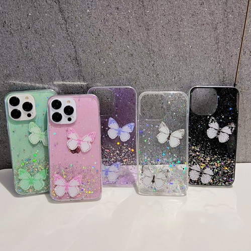 Étui téléphone papillon feuilleté argent paillettes pour iPhone 11 12 13 14 15 Pro 5 6 7 8 - Photo 1/15