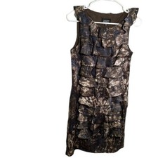 Adrianna Papell Women’s Size 8 Sleeveless Sheath Dress Ruffle Brown Beige Blue